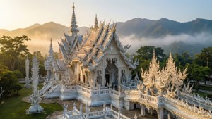 白色寺廟，尖頂，被霧氣繚繞的山脈環繞，日出時分。