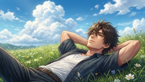 年輕男子躺在有野花的草地上，天空晴朗 — 艾斯卡諾 壁紙