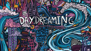 色彩繽紛的夢幻塗鴉藝術，帶有旋轉的波浪、建築物和寫著day dreaming的文字。