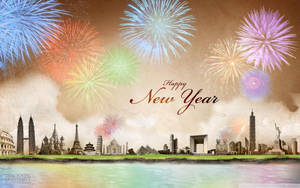 全球地標在復古天空下以五彩繽紛的煙火慶祝新年。