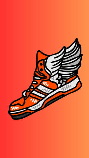 帶有白色翅膀的橙色運動鞋在漸變背景上飛翔。