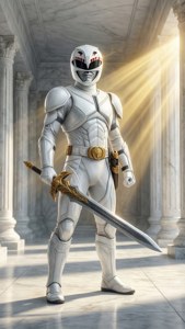 白武士在明亮的神殿中手持Saba劍，英姿颯爽、潔淨無瑕。 — Power Rangers 壁紙