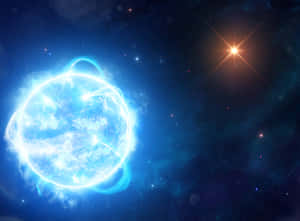 一顆藍色發光行星帶有能量環，在深空中繞著一顆明亮的恆星運行。 — 太空 壁紙