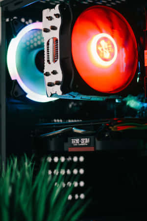 自訂PC，配備發光RGB風扇和前面的綠色植物 — 4K 遊戲 壁紙