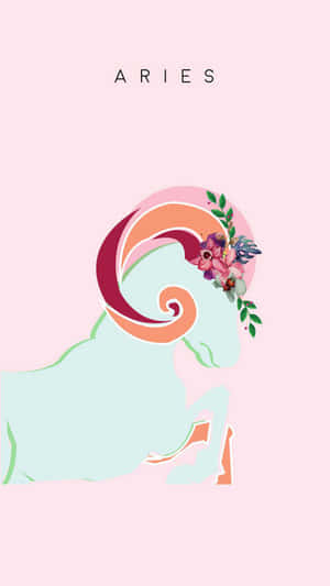 粉彩插圖公羊，戴著花冠，在粉紅色背景上標有Aries。