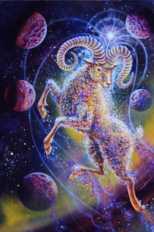 一隻發光的公羊跳過佈滿星星的宇宙場景，周圍有行星和璀璨光芒。
