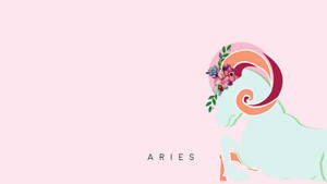粉彩插圖公羊，頭戴花冠，在粉紅色背景上標有Aries。 — 粉紅動漫美學 壁紙