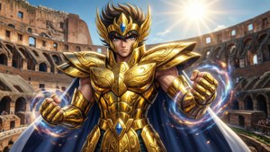 身穿金色盔甲的動漫戰士，在羅馬競技場內擁有發光能量拳頭。