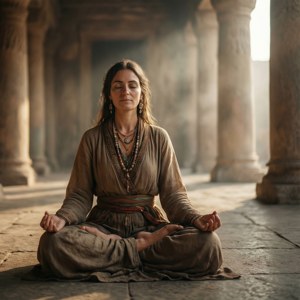 一位女士在陽光普照的古老寺廟中冥想，寺廟有石柱。