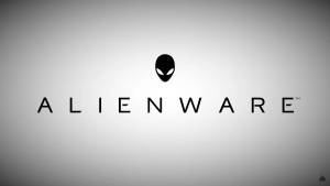 Alienware 標誌，外星人頭部和文字，位於灰色漸變背景上。
