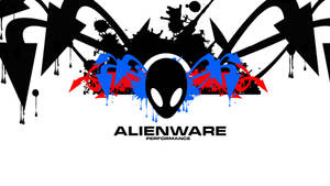 Alienware 標誌，黑色外星人頭，紅色藍色塗鴉潑濺。