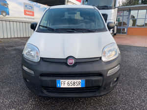 白色Fiat Panda汽車停泊在卡車經銷商前面。 — 熊貓 壁紙