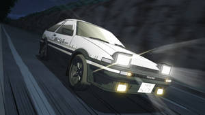 白色AE86跑車在夜間於山路上飄移，車頭燈閃亮。
