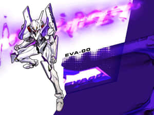 白色和紫色的 Evangelion Unit-00 機甲以動態姿勢呈現，帶有發光的紫色能量效果。 — 新世紀福音戰士 壁紙