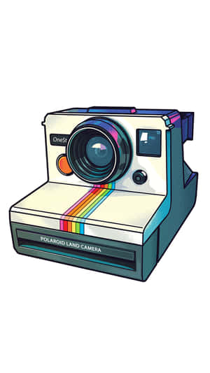 帶有彩虹條紋和OneStep標籤的插圖式復古Polaroid Land相機。