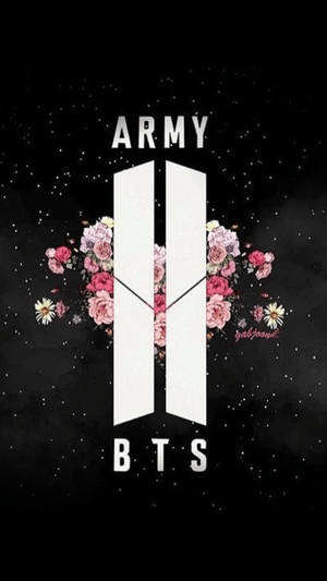 BTS標誌，帶有粉紅色花朵，背景為星空黑色，標有ARMY和BTS