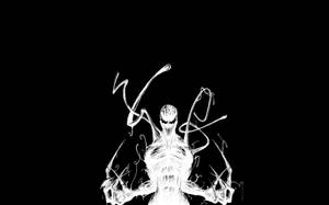 黑色背景上，Venom 共生體的白色墨水畫。