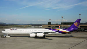 泰國航空飛機在機場停機坪上，背景有山脈。