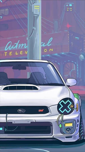 白色Subaru STI帶有發光霓虹X標誌，在夜晚霓虹燈照亮的賽博龐克城市中。