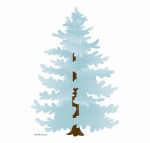 一棵風格化的藍色常綠樹，帶有棕色樹幹和積雪的樹枝。