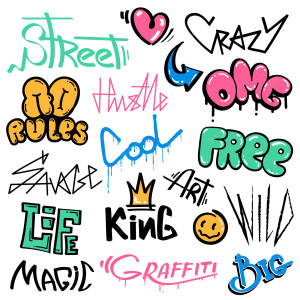 受塗鴉啟發的文字藝術，包含「Street」、「Crazy」和「Graffiti」等短語，色彩明亮。 — 塗鴉 壁紙