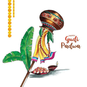 節日古迪·帕德瓦（Gudi Padwa）慶祝活動，裝飾古迪、香蕉葉和點燃的迪亞。 — 簡單 壁紙