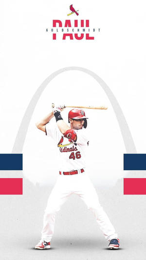 身穿紅雀隊球衣的棒球選手 Paul Goldschmidt 揮棒，身後是聖路易斯拱門。