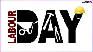 Labour Day 圖案，工具和安全帽以粗體字母呈現。