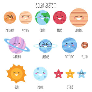 太陽系中帶有笑臉的可愛卡通行星和恆星，附有標籤。