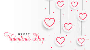 Happy Valentine's Day 問候，白色背景上掛有紅色心形裝飾。