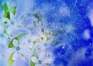 藍色花心的白色花朵在閃爍的藍天下發光。 — 冬日美學 壁紙