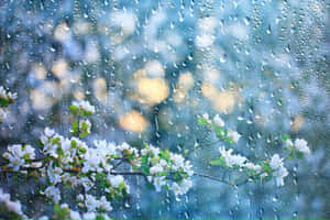 玻璃上的雨滴，襯著白色花枝和背景的溫暖燈光。 — MacBook Air 13 壁紙
