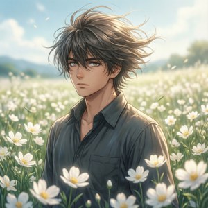 年輕動漫男子在晴朗日子裡的白花田中