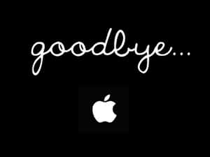 白色再見文字和Apple標誌在黑色背景上。 — 再見 壁紙