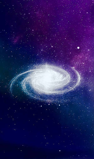 在繁星點點的紫色和藍色夜空中，一個發光的螺旋星系。