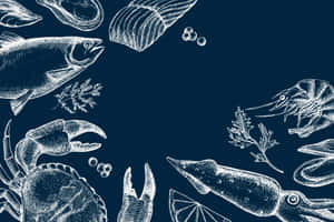 海鮮插圖邊框，有蟹、三文魚、蝦同魷魚，喺深藍色背景上。 — 3:2 壁紙
