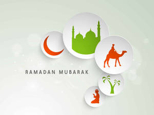 Ramadan Mubarak 祝福語，附有清真寺、新月、駱駝、祈禱和棕櫚樹圖標。 — 齋戒月 壁紙