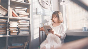 年輕女子在陽光充足的房間裡閱讀，旁邊有書架。