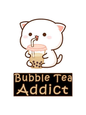 一隻卡通貓咪正在啜飲珍珠奶茶，下方有 bubble tea addict 文字。 — 可愛風格 壁紙
