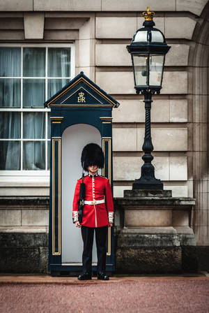 英國衛兵穿紅色制服在崗亭旁立正