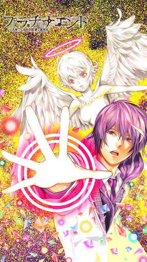 紫髮、手部發光的動漫男孩，在閃爍的金色背景上面對一個白翼天使。