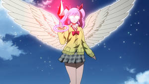 擁有天使翅膀和惡魔角嘅動漫少女，喺星空中舉住一個發光嘅水晶。