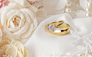 兩枚金結婚戒指，鑲有鑽石，在白色絲綢上，配奶油色玫瑰和珍珠。