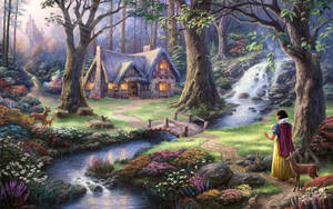 白雪公主與鹿靠近小屋，在魔法森林中，有瀑布。