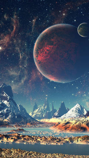 外星雪山在星空下，有紅色行星和月亮 — 奇幻 壁紙