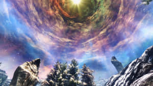 在色彩繽紛的宇宙天空下，白雪覆蓋的山脈，點綴著星星和星雲。 — 天際線 壁紙