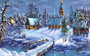 冬日村莊，雪覆蓋的小屋在飄雪中溫暖地發光，一座木橋橫跨在結冰的水面上。 — 冬天桌面 壁紙