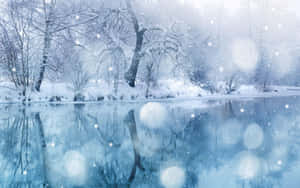 積雪的樹木在飄雪下倒映在平靜的河流中。 — 愛麗絲夢遊仙境 壁紙