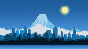 夜晚城市天際線與山脈和月亮