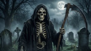 死神在霧氣瀰漫的墓地中於滿月下手持鐮刀 — 怪獸動圖 壁紙